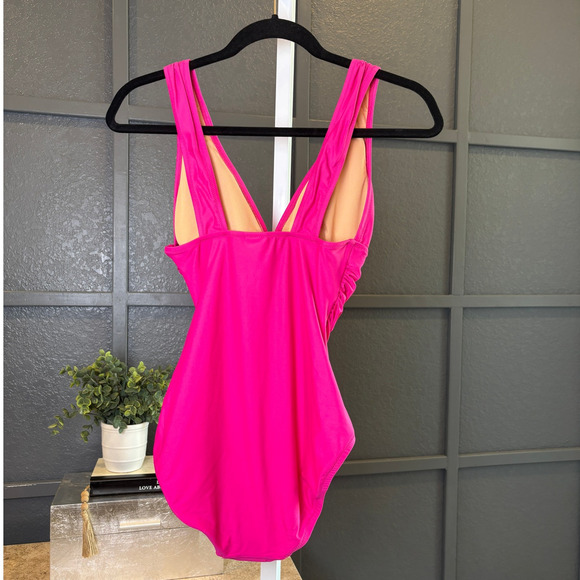 J Crew Womens Plus 24 Pink Fuschia Ruched V-Neck One Piece Swimsuit NWT - Picture 5 of 6